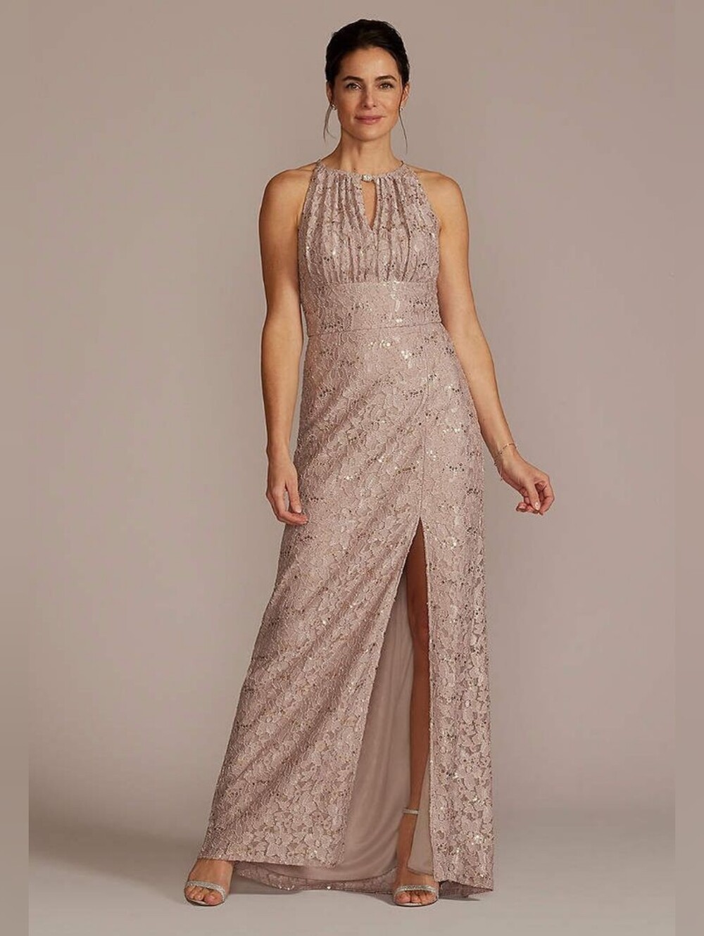 Oleg Cassini Blush Floral Lace Sheath Gown Dress Embellished Plus Size 16 Bridal